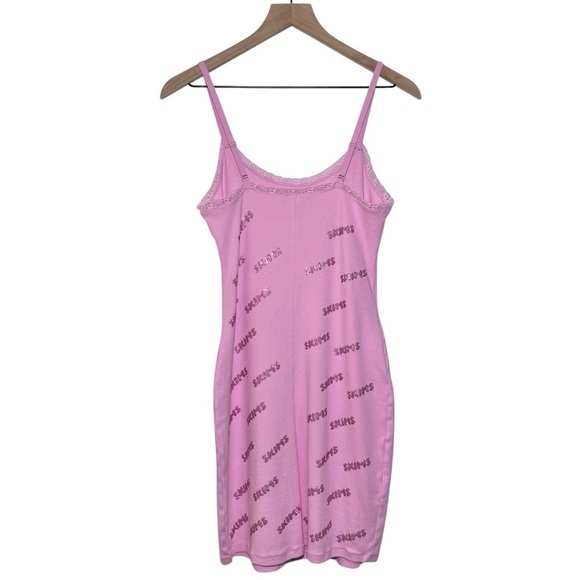 SKIMS Rhinestone Logo Pointelle Mini Slip Dress in Bubble Gum - Picture 4 of 8